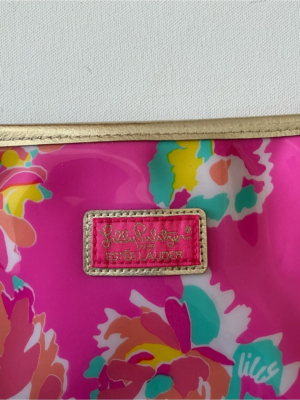 Lilly Pulitzer Hot Pink Floral Vinyl Pouch with Gold Trim